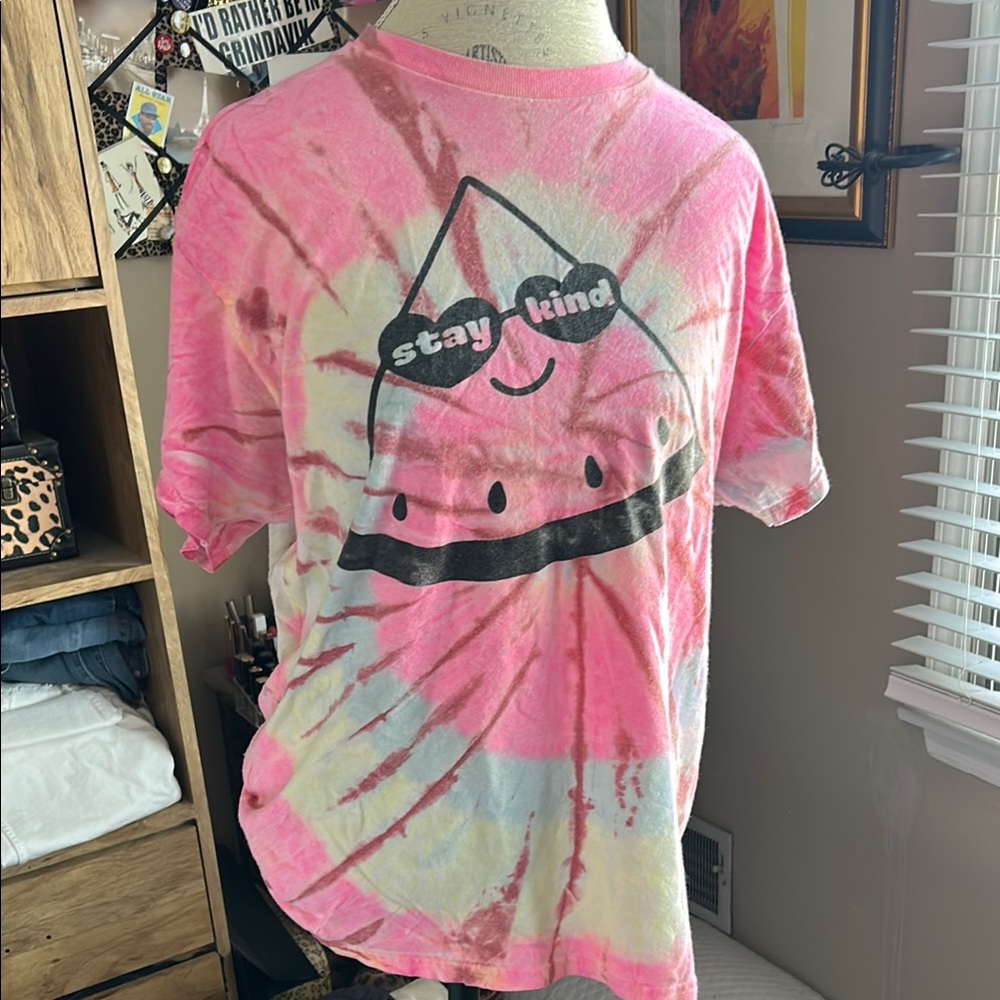 Gildan Pink and White Tie-Dye Stay Kind Short Sleeve Tee - Large